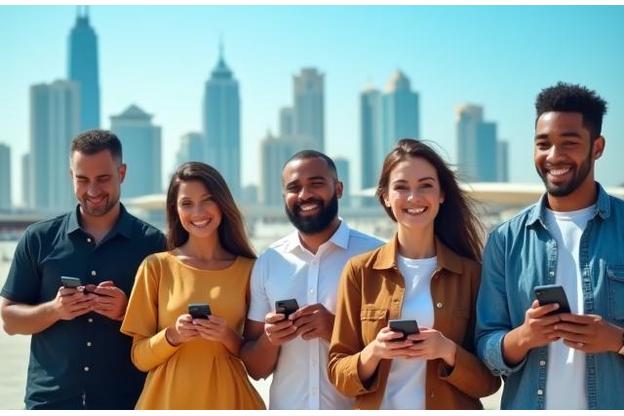 Smiling Dubai residents using smartphones with a bright Dubai skyline